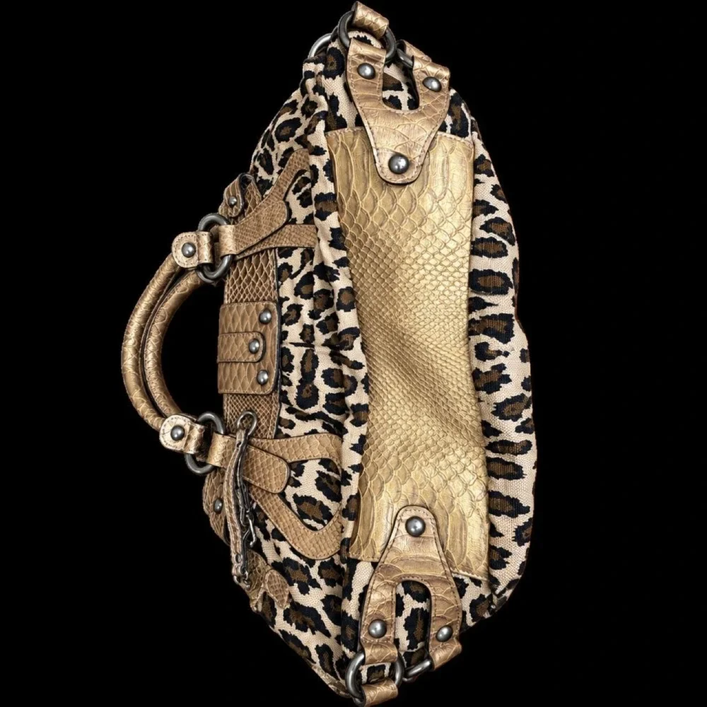 Vintage 90s GUESS Leopard Print Gold Handbag Y2K Big G Snakeskin Mafia Mob
